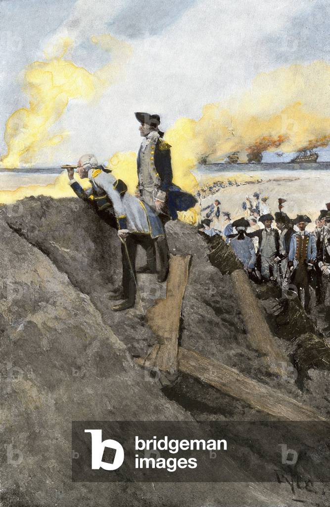 War of Independence of the United States of America (1775-1783): General George Washington (1732-1799) supported by the French commander Jean-Baptiste Donatien de Vimeur, Count of Rochambeau (1725-1807) look over the slices at the battle of Yorktown against the army of Great Britain, 1781. Coloured engraving of the 18th century.