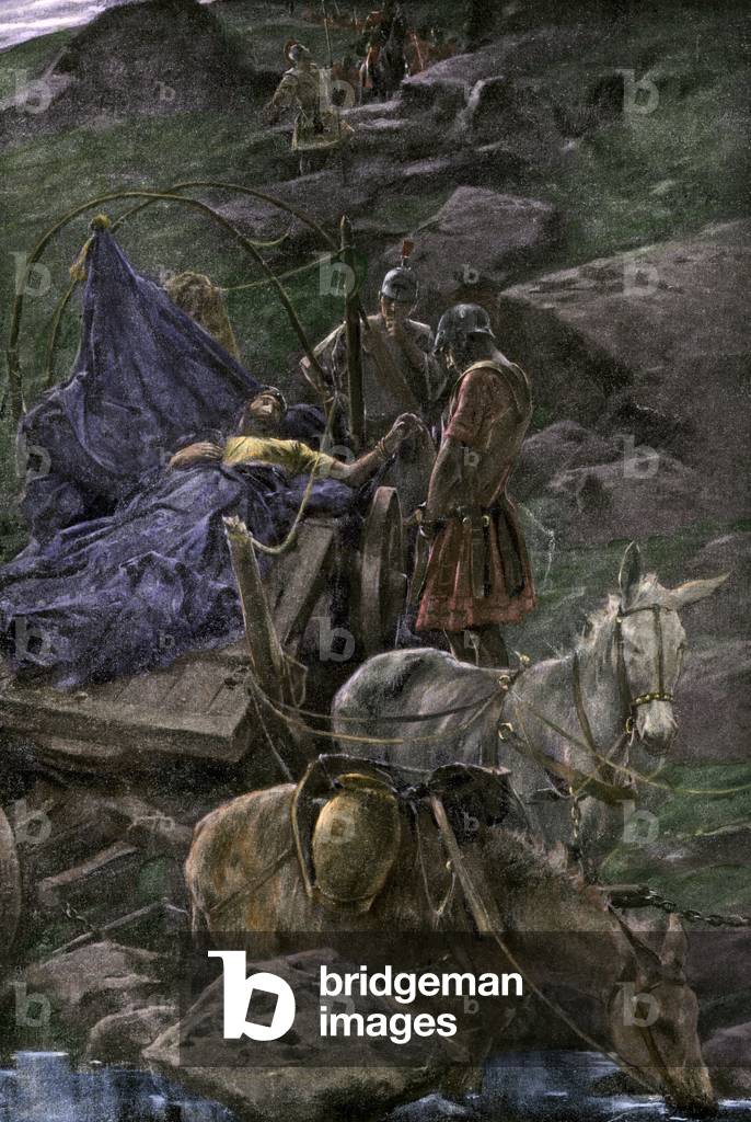Civilization of Antiquity: Alexander The great discovers Darius III dying who was killed by Bessus, 330 BC. Colour engraving of the 19th century.