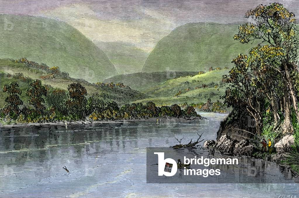 Canoe rowing on the Delaware River between New Jersey and Pennsylvania, 19th century. Colour engraving of the 19th century.