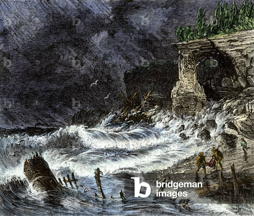 Storm bringing the victims of a shipwreck and the debris on the banks of the upper lake, 19th century. Colour engraving of the 19th century.