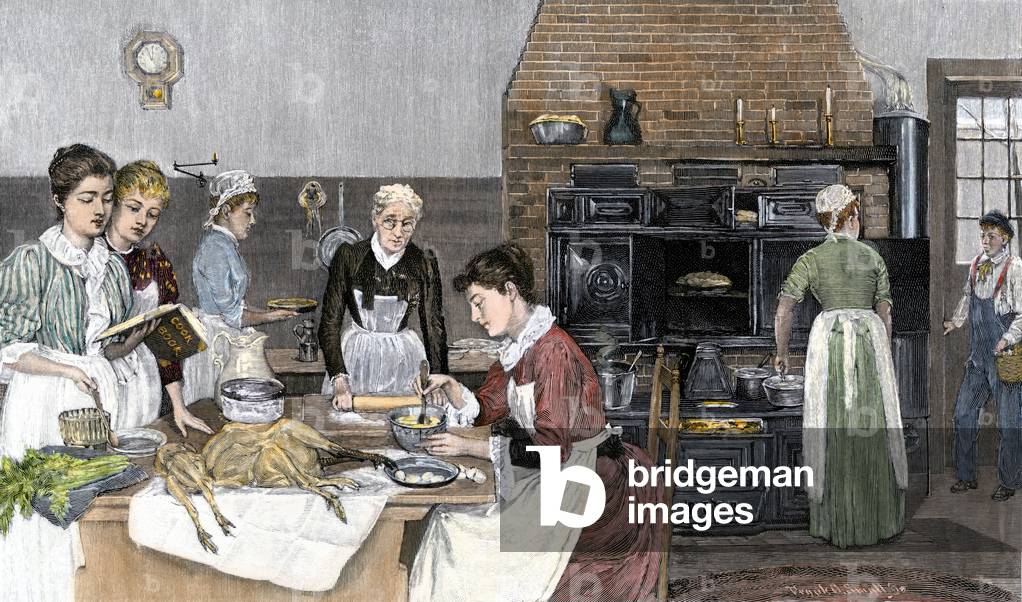 Immagine di Incisione "Donne che preparano la cena del Ringraziamento in una gigantesca cucina"
