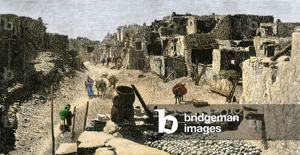 A street in the Pueblo of the Zuni Indians, New Mexico (USA), circa 1800. 19th century lithography.