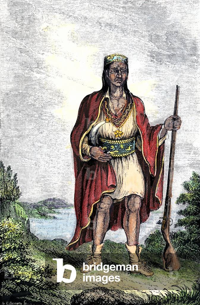 Native population of America: Indians of the United States. Metacomet (c. 1639-1676), also known as King Philip or Metacom, chief of the Wampanoag (Massachusetts, New England). Colour engraving.