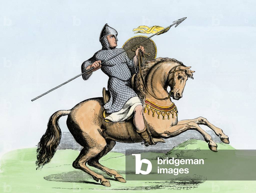 Middle Ages knight with a stitch and riding a horse.