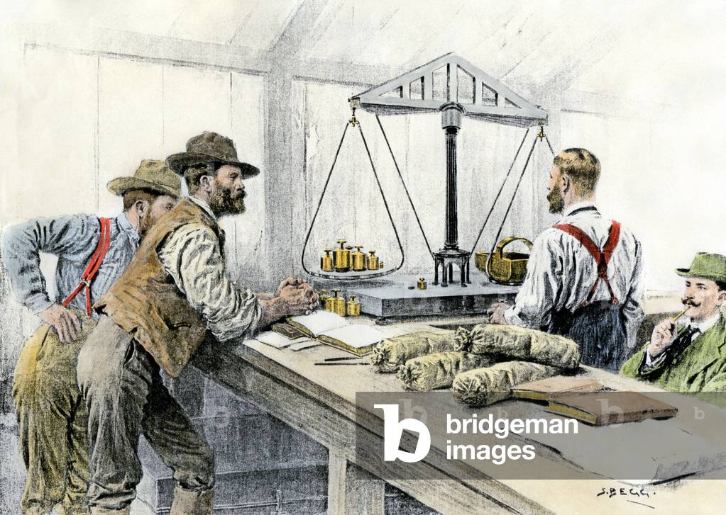 Klondike miners in Canada weighing their gold pepites at a bank in Dawson, Alaska, 1898. Colouring engraving of the 19th century.