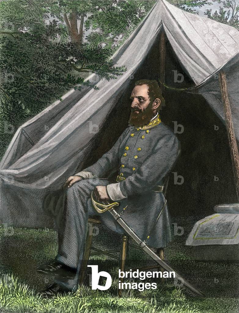 Portrait of General Confedere Thomas Jonathan (Stonewall) Jackson (1824-1863), in Field Headquarters, during the Secession War (American Civil War, 1961-1965). Lithograph from a portrait around 1863.