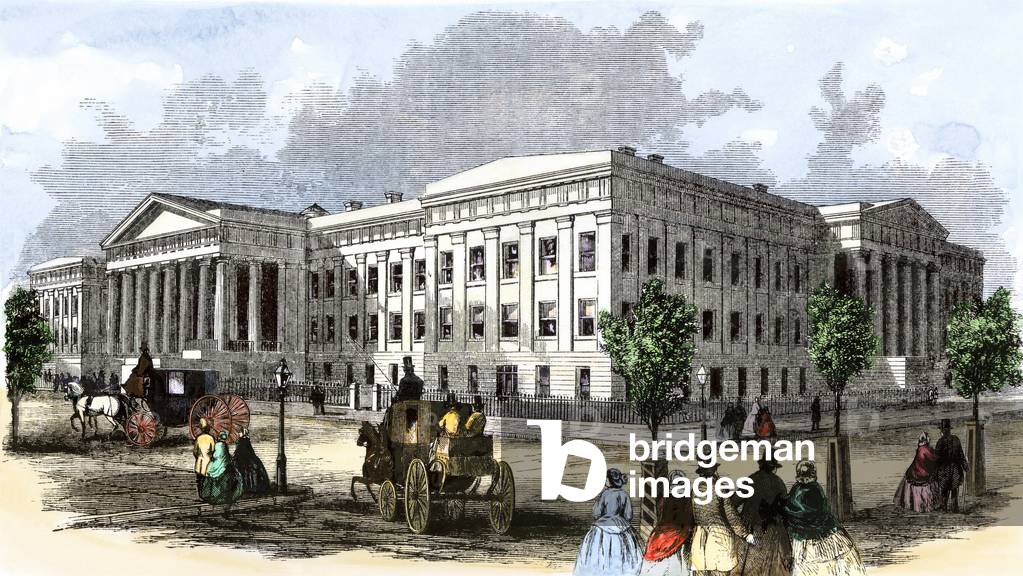 United States, Washington, D.C.: Street in front of the Patent Office, years 1850. Engraving of the 19th century.