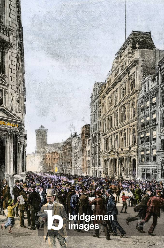 Stock market: economic recession (crisis) (1884-1885) in America: financial panic on Wall Street, New York (New York), United States (United States) on May 14, 1884. Colour engraving of the 19th century.