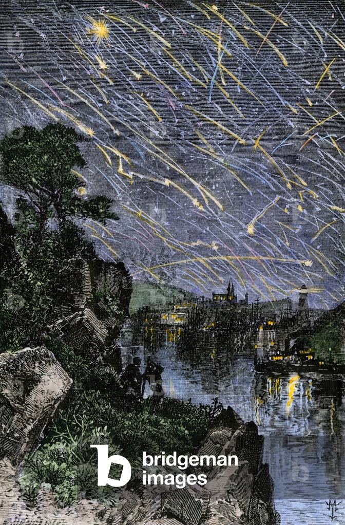 Meteorite rain on the Mississippi River, 1833. 19th century colour engraving.