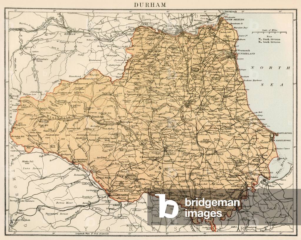 Map of the Count of Durham England), circa 1870. 19th century lithography.