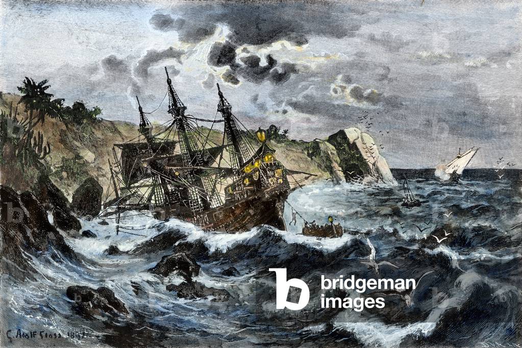 Sinking of the Caravelle ' Santa Maria'' ship of Christopher Columbus on the coasts of Hispaniola (Dominican Republic and Haiti) in 1492. Engraving. Wreck of the Santa Maria, Columbus flagship, on the coast of Hispaniola, 1492.