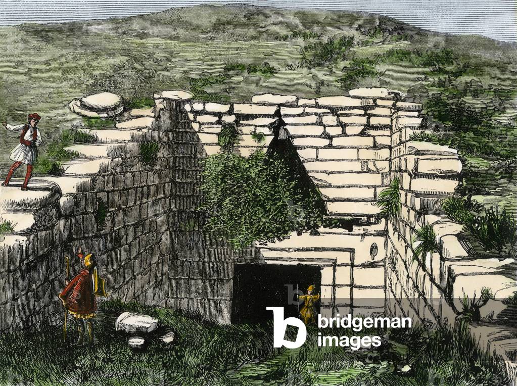 Site of excavations of the tomb of Agamemnon known as “Tresor d'Atree” located on the ancient town of Mycenes in the Peloponnese (1500-1100 BC) in Greece. The excavations were conducted by the architect Heinrich Schliemann (1822-1890). The years 1870. Colour engraving after a 19th century illustration