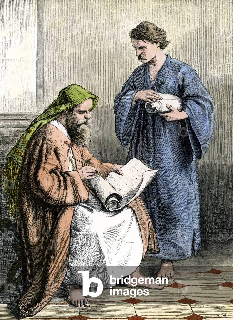 Saint Paul in a Roman prison writing epitres. 19th century colour engraving.