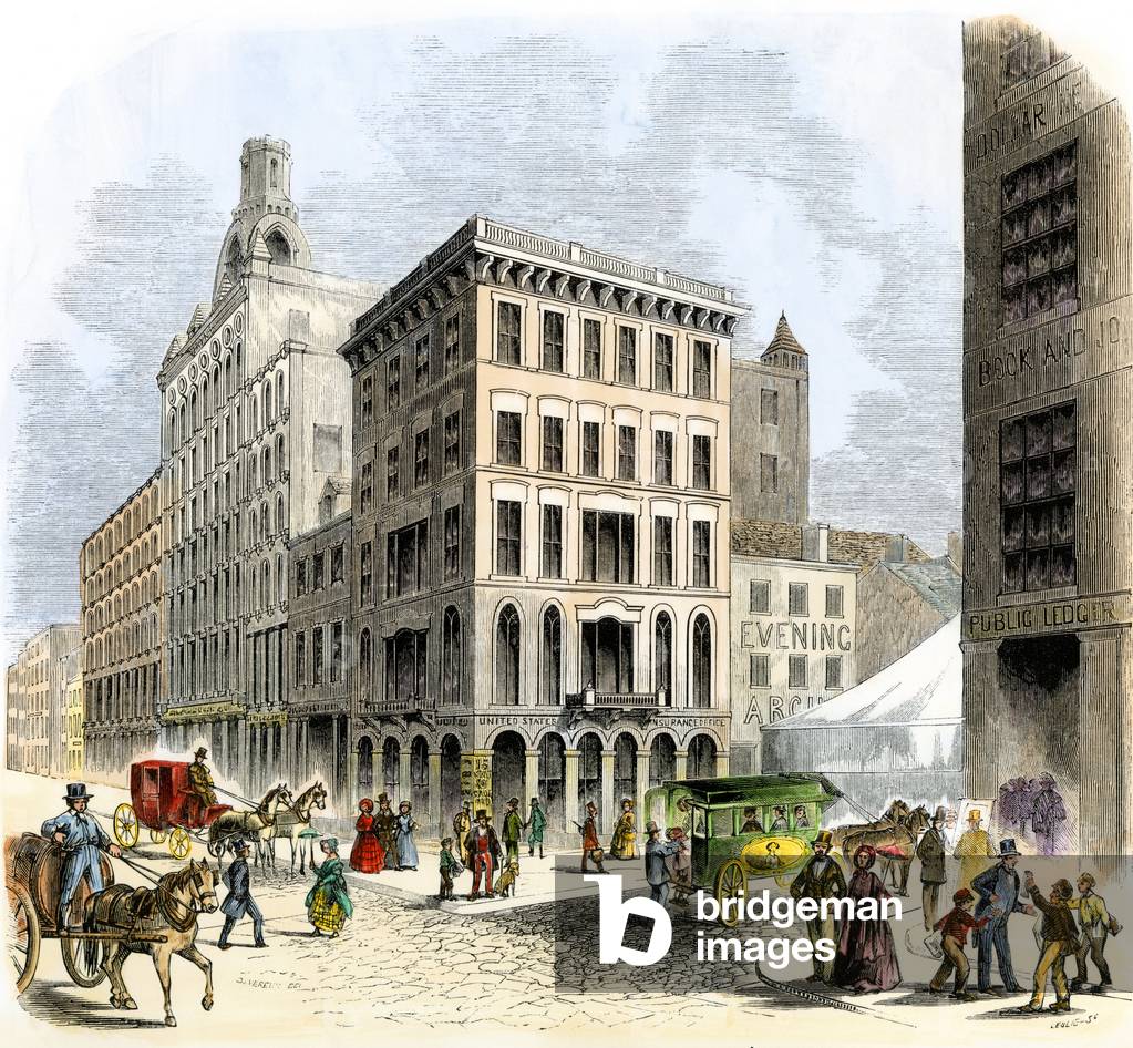 United States, Pennsylvania: Ledger Building and Jayne's Building on Third Street, Philadelphia Commercial District, 1850. Colour engraving of the 19th century