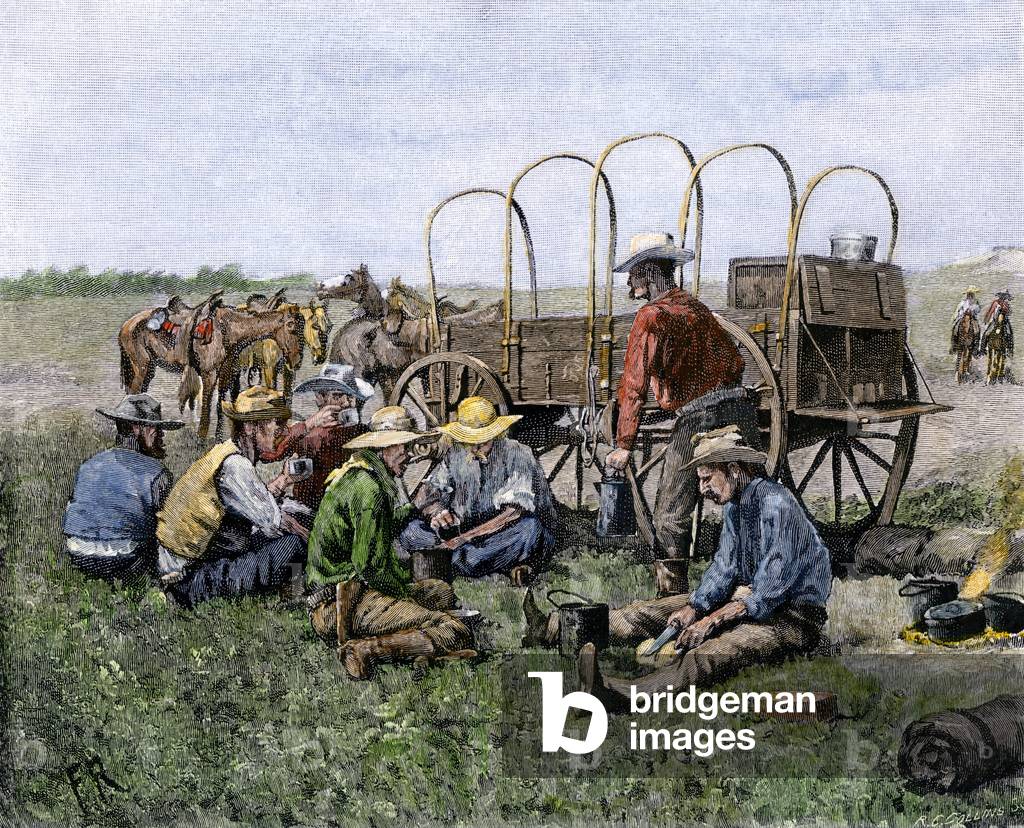 Trolley serving as a guard eat for American cowboys who bite for their lunch. Colouring engraving of the 19th century.