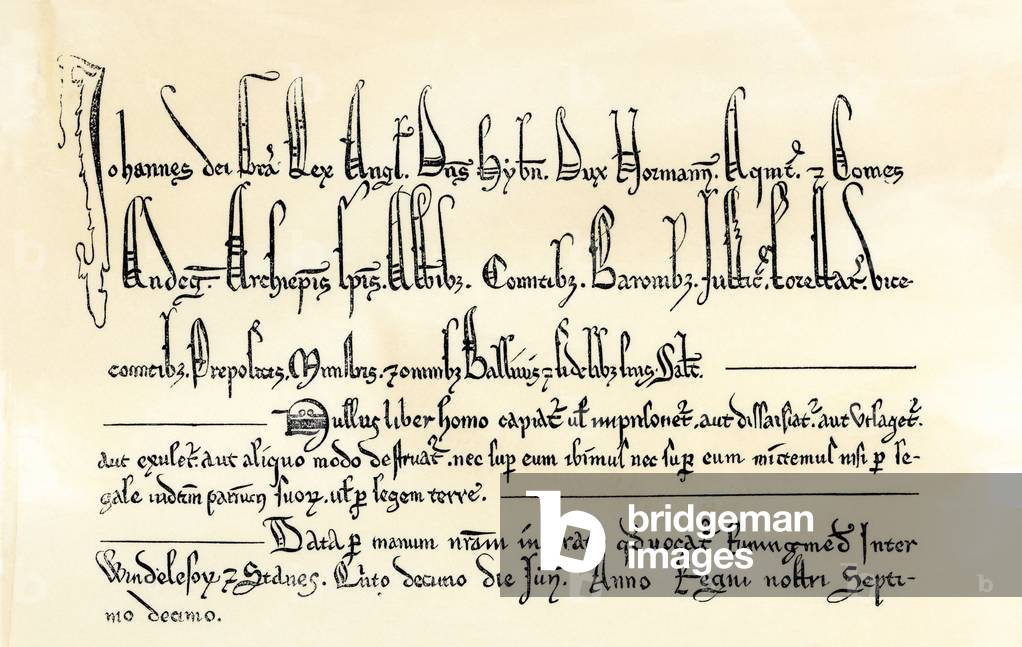 Extract from Magna Carta's preamble or Grand Carta (63 articles charter ripped off by the English baronage from King John without Earth on June 15, 1215 after a short civil war marked by the capture of London), on May 17, by the rebels. College simile.