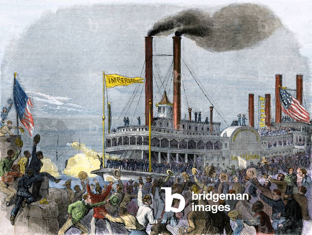Secession War or American Civil War (1861-1865): the arrival of the steamboat “Imperial”, the armour of the Union, in New Orleans (Louisiana), arriving from Saint Louis, Missouri, after the siege of Vicksburg, in 1863 - Colorful engraving of a 19th century illustration - (Steamboat ““Imperial”” arriving in New Orleans from St Louis after the fall of Vicksburg, 1863. Hand-colored woodcut of a 19th-century illustration)