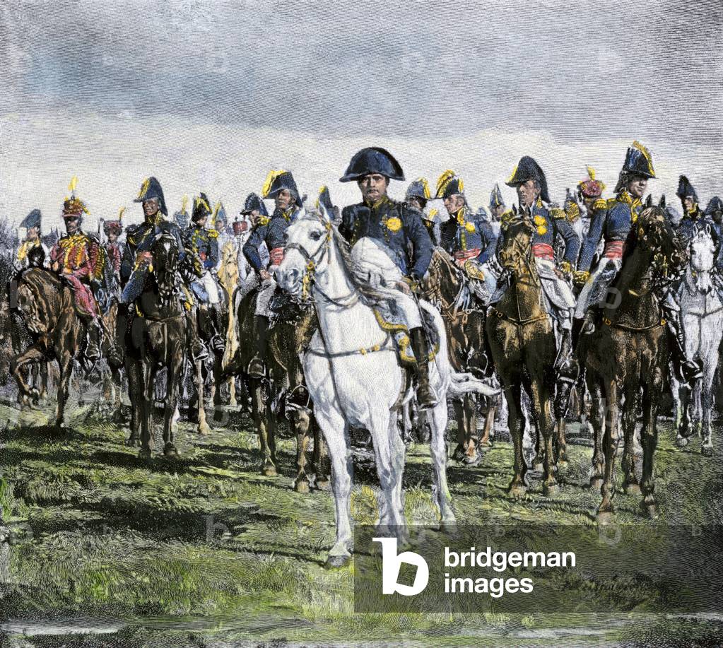 Napoleon I Bonaparte with his military troops on a battlefield. Colour engraving of the 19th century.