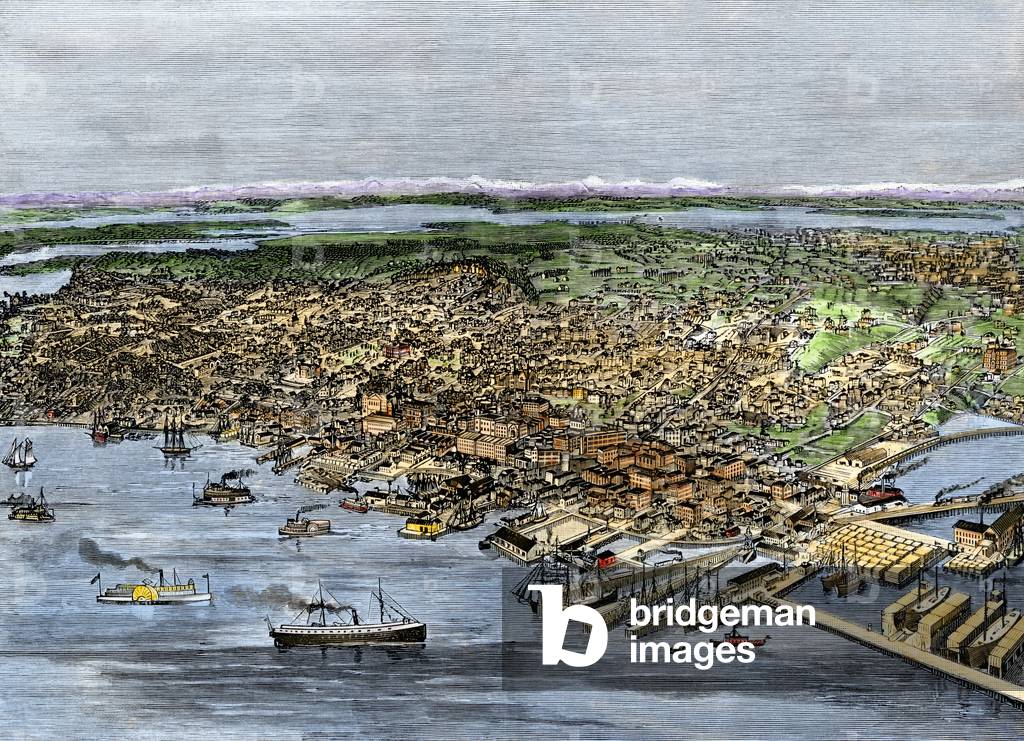 United States, Washington State: Air view of the city and port of Seattle, Washington Territory around 1890. Colour engraving of the 19th century