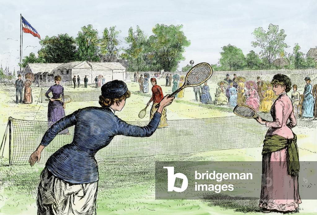 Women's lawn tennis tournament at Staten Island Cricket Club, New York (USA), circa 1870. Lithography and illustration 19th century.