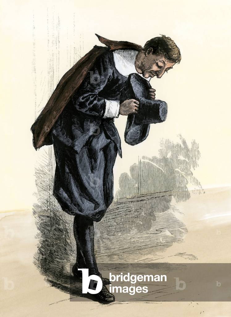 History of the settlers and the conquete of the West: American pioneers. New England puritan tilting head. 19th century coloring engraving.