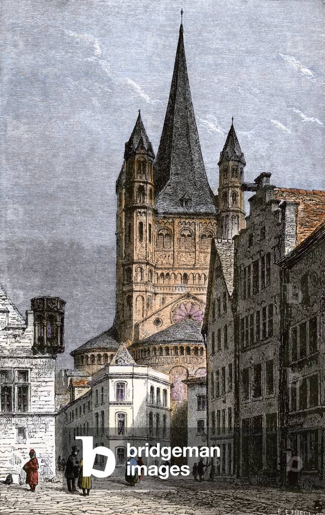 Church of St. Martin in Cologne, Germany. 19th century coloring engraving.