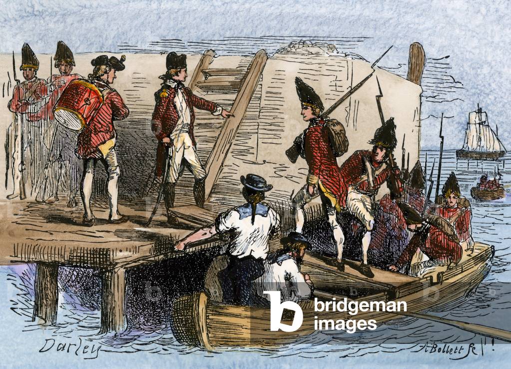 Die Ausgrenzung britischer Truppen zur Besetzung von Boston (Massachusetts, USA) nach den Protesten der Siedle