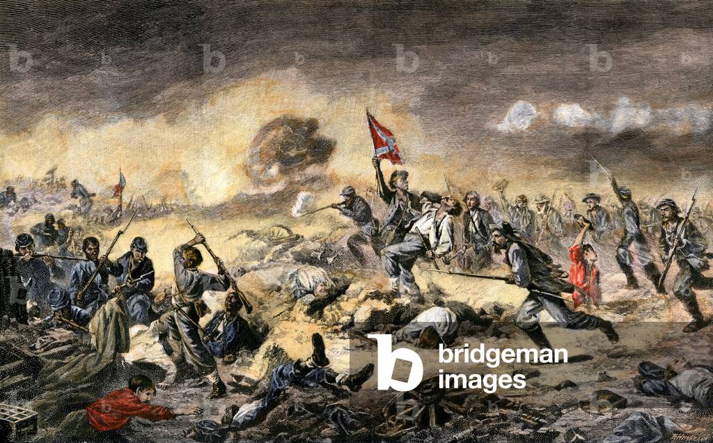 Secession War (1861-1865): assault by the Confederate army against African American soldiers of the Union during the Battle of Cratere at the Siege of Pettersburg on 30 July 1864. Colouring engraving of the 19th century.