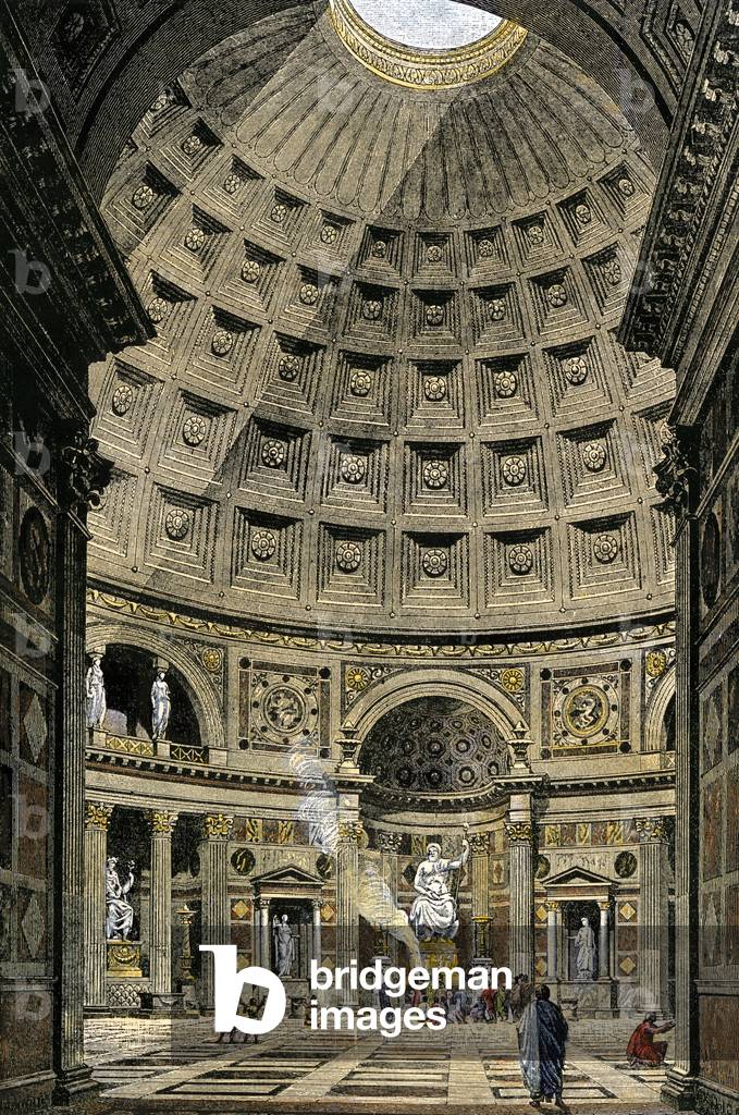 World of Antiquity: Interior of the Pantheon, Roman Empire, ancient Rome. Colourful engraving of the 19th century.