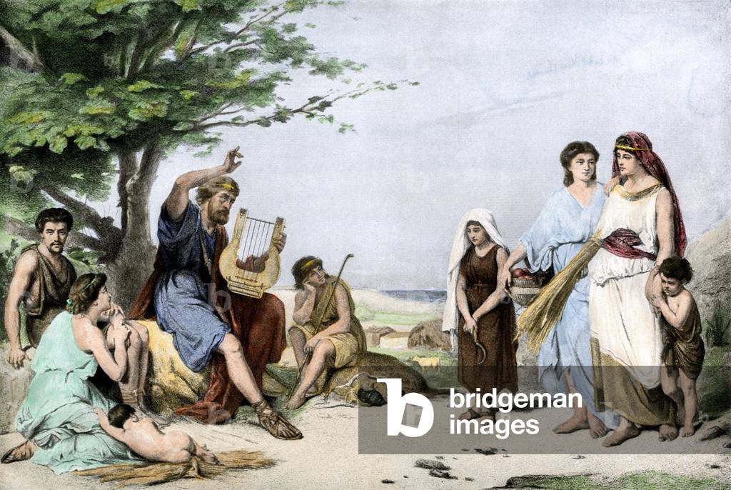 Ancient History: Homer recounting the actions of ancient Greeks during the Trojan War. Epic poems accompanied by a lyre (Odyssee d'Homere). Colour engraving of the 19th century.