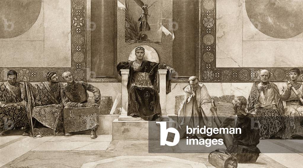 The Byzantine Emperor Justinian I (482-565) during his Council, 6th century.