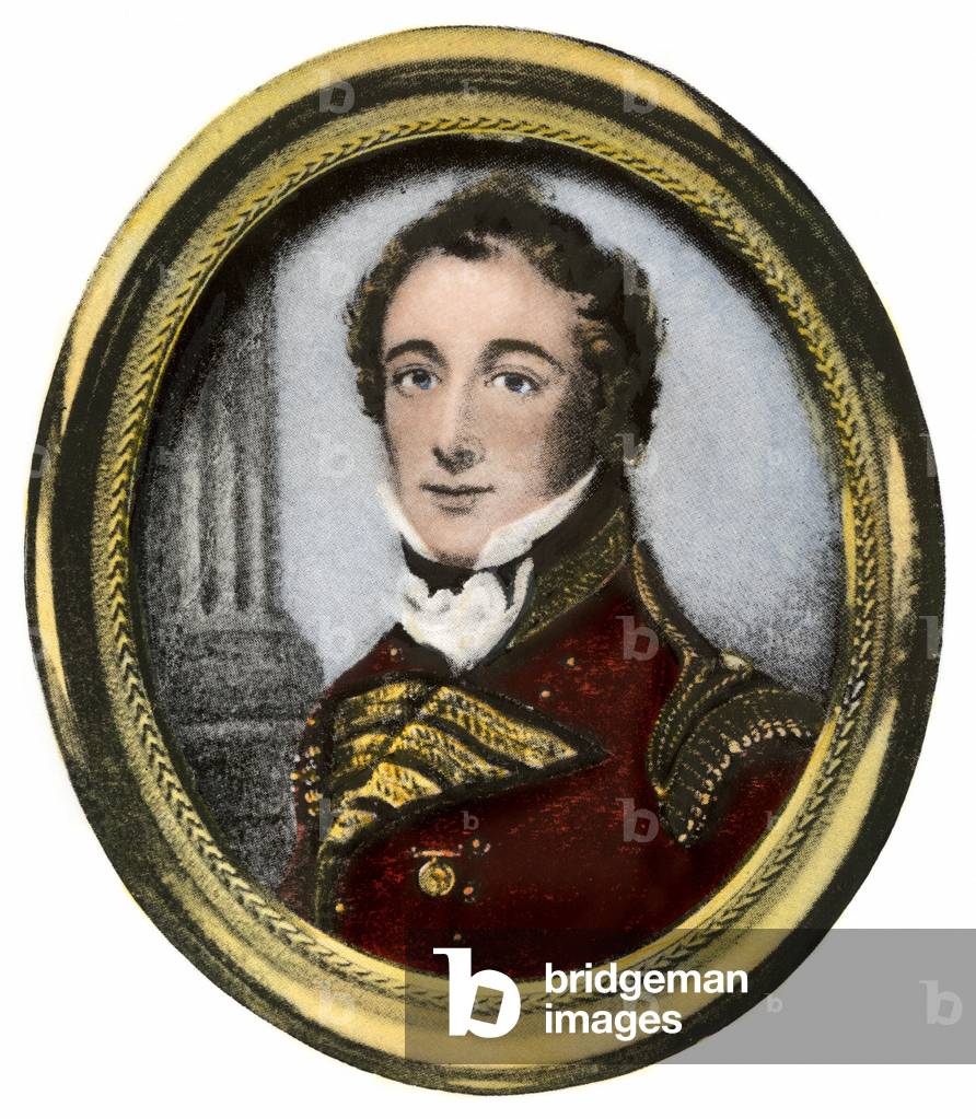 Portrait of Sir Isaac Brock (1769-1812) general and British administrator known primarily for his actions in the Canadian colonies during the War of Upper Canada in 1812. Colourful engraving of the 19th century.