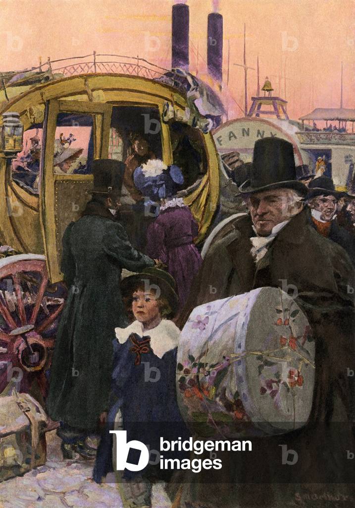 The crowd heading for the steamboat in Norwich (Connecticut, USA), early 19th century. Stanley M. Arthurs illustration. 19th century printing.
