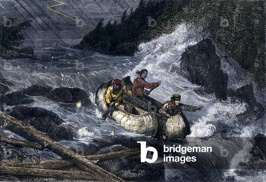 Fur trading canoe takes away through the rapids of the Northern Red River Valley. Engraving of the 19th century.