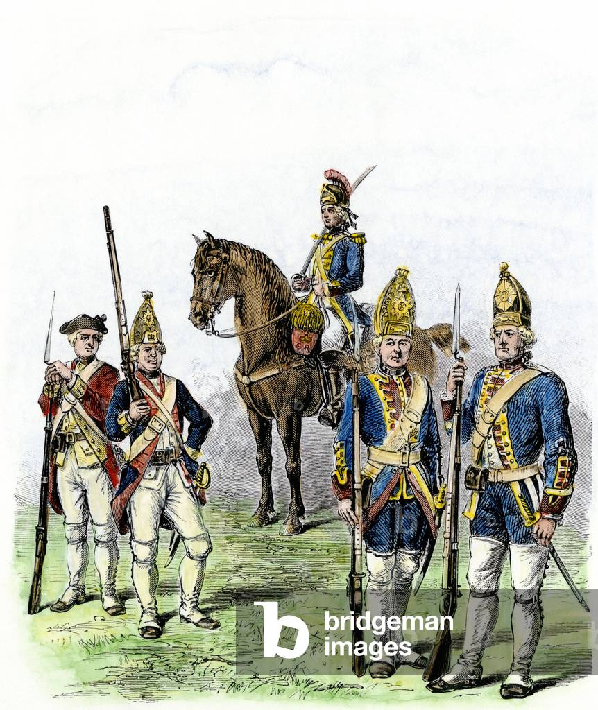 War of Independence of the United States of America (1775-1783): English and Hessian soldiers (Germans of Hesse). Colourful engraving of the 19th century.