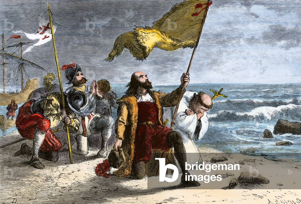 The first debarkage of Christopher Columbus (1451-1506) on the continent of the New World (America) in 1492, with the members of his crew, kneeling in prayer. Color lithography, 19th century.