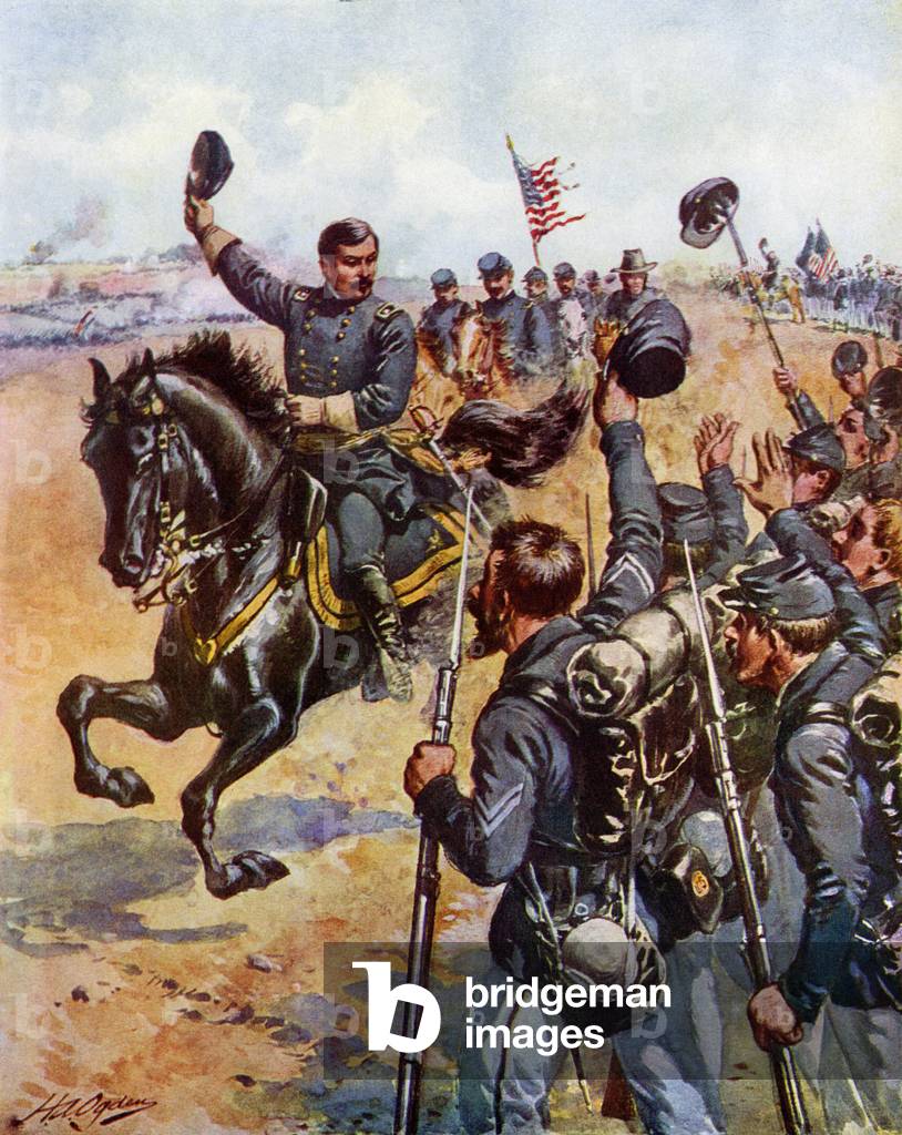 US Civil War, 1861-1865: George Brinton McClellan (1826-1885) encouraging Union troops at the Battle of Antietam, 1862. Engraving of the 19th century.
