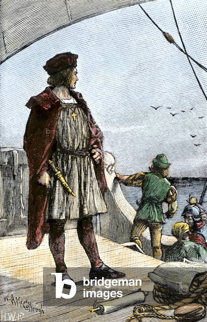 Christopher Columbus watched the mainland of the bridge of the Caravelle Santa Maria in 1492. Colouring engraving of the 19th century.