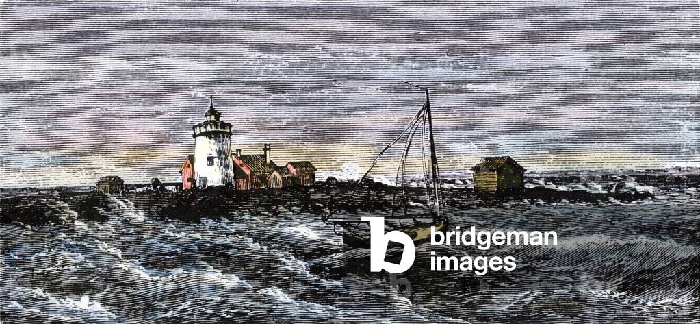 United States, Massachusetts: Bird Island Lighthouse in Buzzard Bay of Cape Cod, Massachusetts, years 1870. Colour engraving of the 19th century.