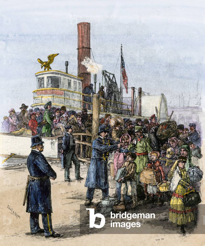 New immigrants on American soil at Castle Garden (or Fort Clinton), in the port New York (USA), circa 1880 - Colorisee engraving, 19th century - Immigrants landing at Castle Garden in New York harbor, 1880s - Hand-colored woodcut of a 19th-century illustration