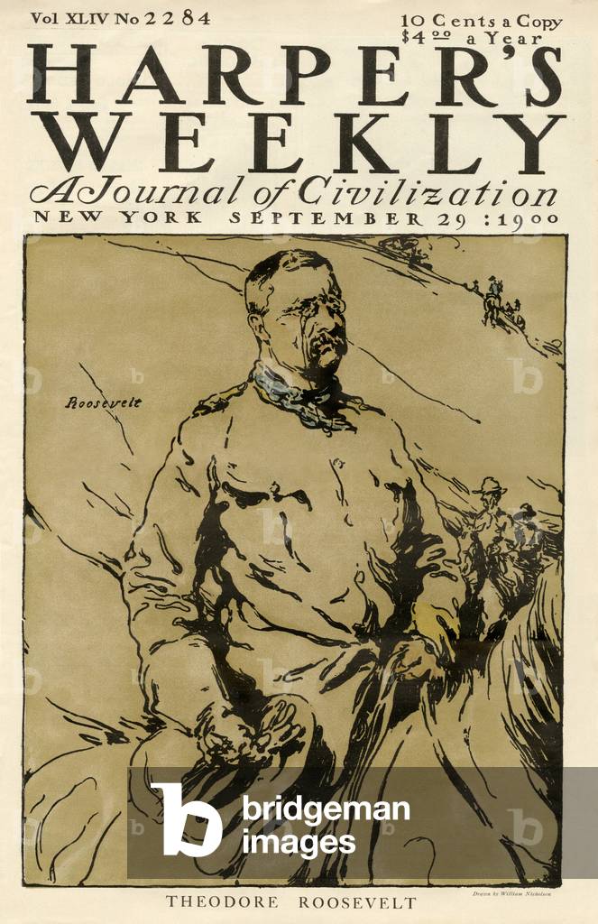Portrait of Colonel Theodore Roosevelt (1858-1919) as Rough Rider (Journalist during the war against the Spanish in the United States) on the cover of “” Harper's Weekly””, 29 September 1900.