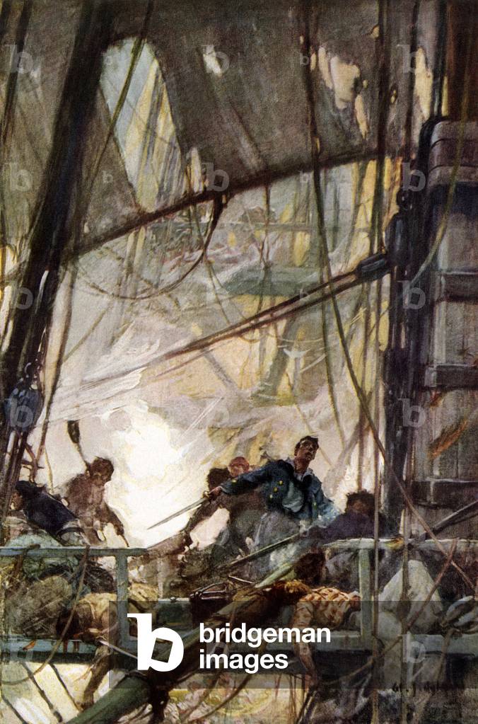 War of 1812 between United States and Great Britain: the American frigate Chesapeake during a naval battle. Fight on the mast. Reproduction of a painting by W. J. Aylward