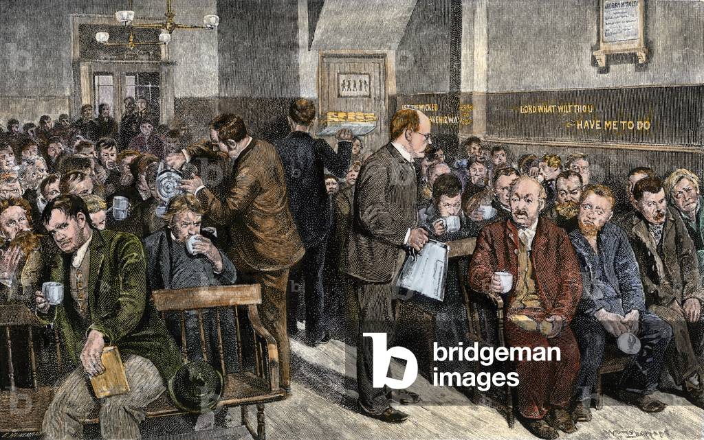 Coffee distribution for the homeless and the poor at the mission of Water Street, Manhattan, New York, circa 1890. Coloured engraving 19th century.