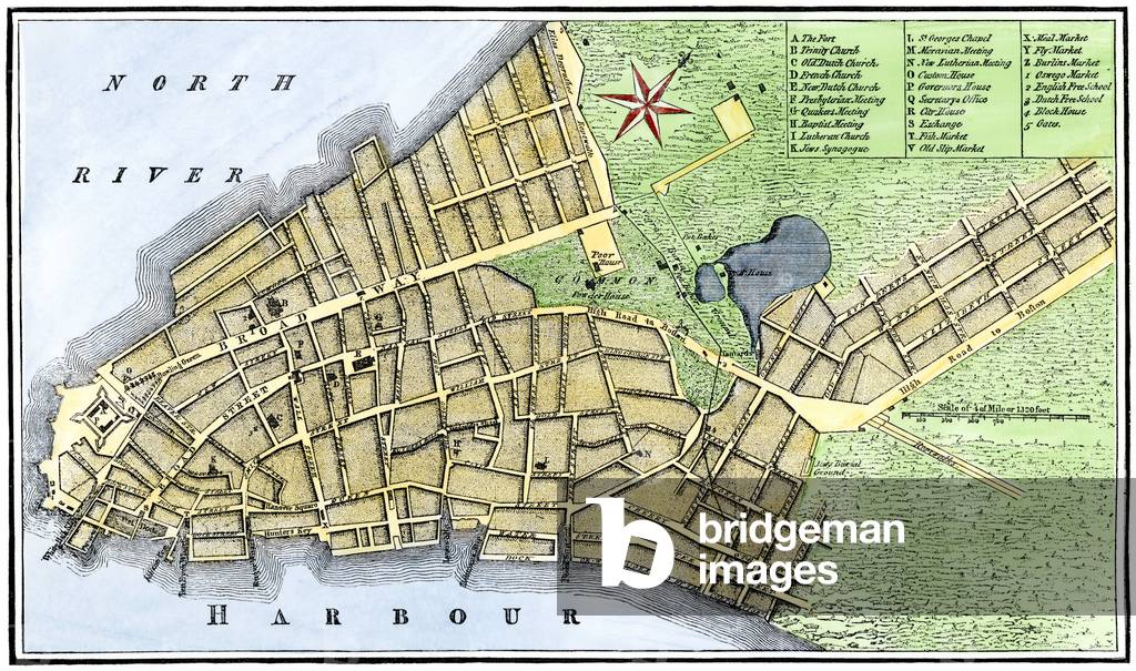 United States, New York: Map of the city and port in 1767. 18th century colour engraving