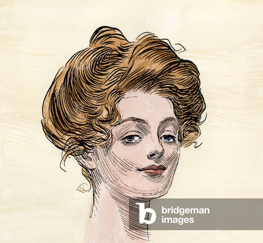 Classic face of the young American woman, with a goguenard look and a slightly mocking smile, elance neck, surelevee and bouffante hairstyle, circa 1900. “Gibson girl”, representation of the ideal American female in the early 20th century, prefiguring the pin up. Lithograph based on an illustration by Charles Dana Gibson (1867-1944).