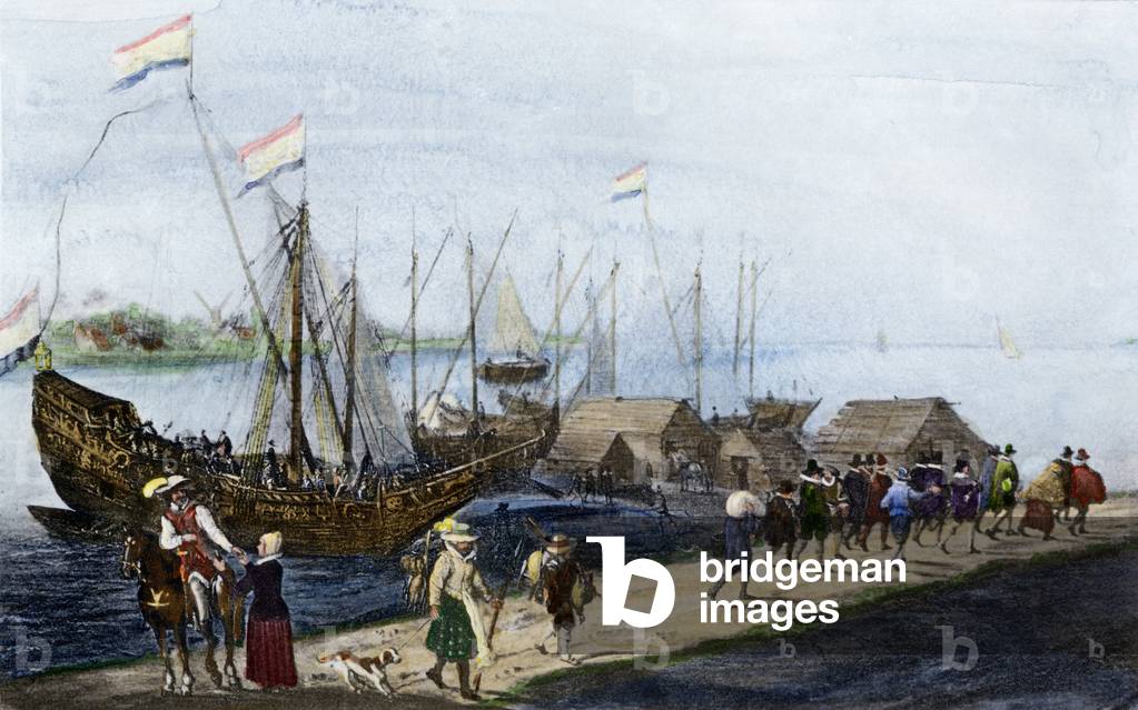 United States, Massachusetts: Departing of the Pelerins on the ship “” Speedwell” from the port of Delft in the Netherlands in 1620. Engraving after painting.