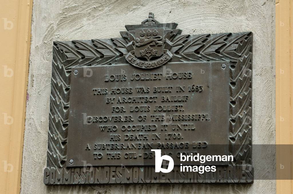 Memorial plaque in English Memorial plaque in the House of Louis Jolliet Canadian explorer (1645-1700) in the Petity Champlain district, Quebec, Canada