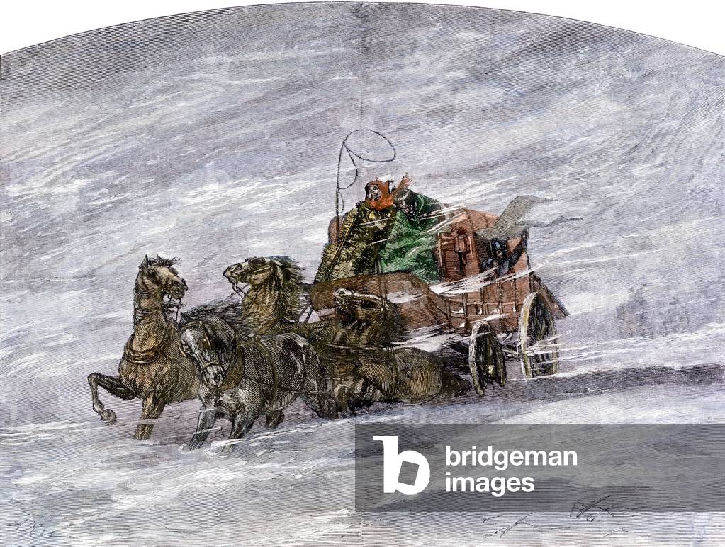 History of the settlers and the conquete of the West: American pioneers. Diligence in a meadow in the middle of blizzard, 19th century. Colourful engraving of the 19th century.