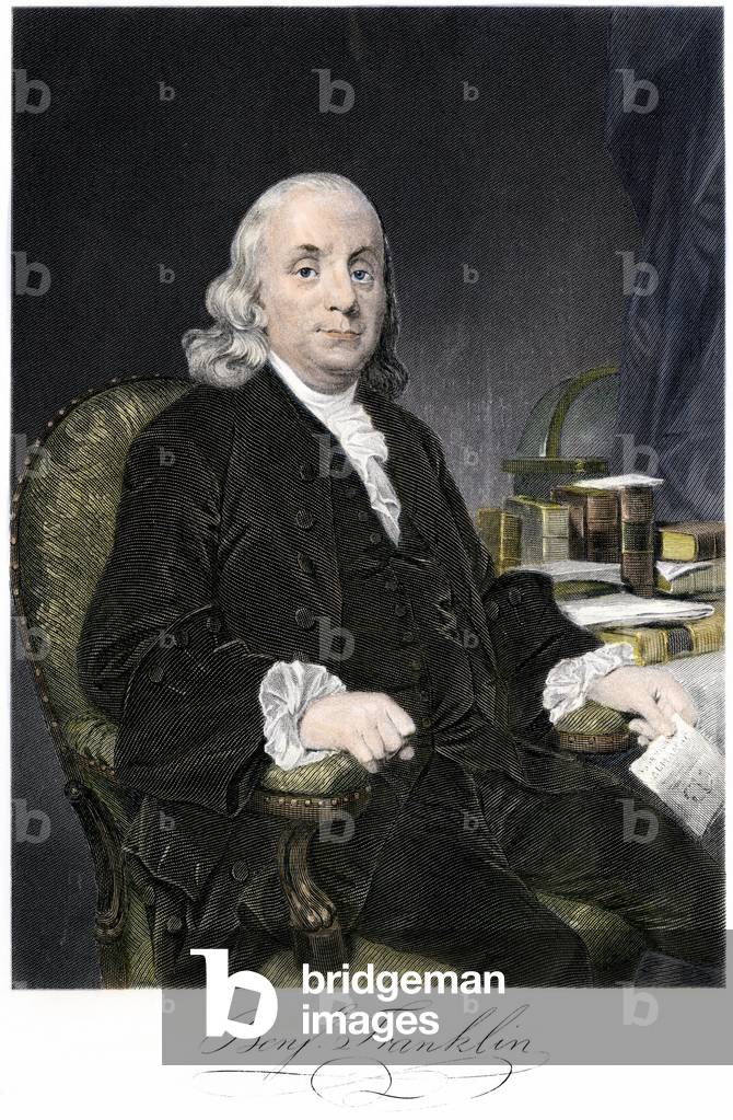 Immagine di Incisione "Ritratto di Benjamin Franklin (1706-1790) seduto con la sua firma. Incisione a colori d