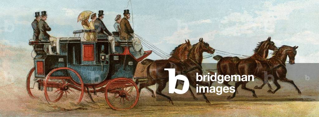 The car has four horses from Mr. Oakeley, London, England, circa 1880. 19th century lithography.